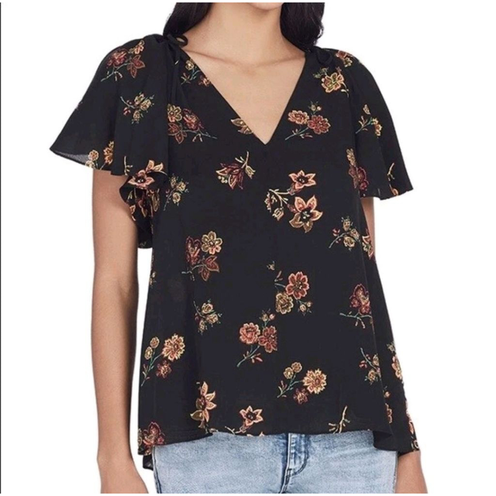 A.L.C. Clara V-Neck Black Floral Print Silk Blouse with Flutter Sleeves Size 6